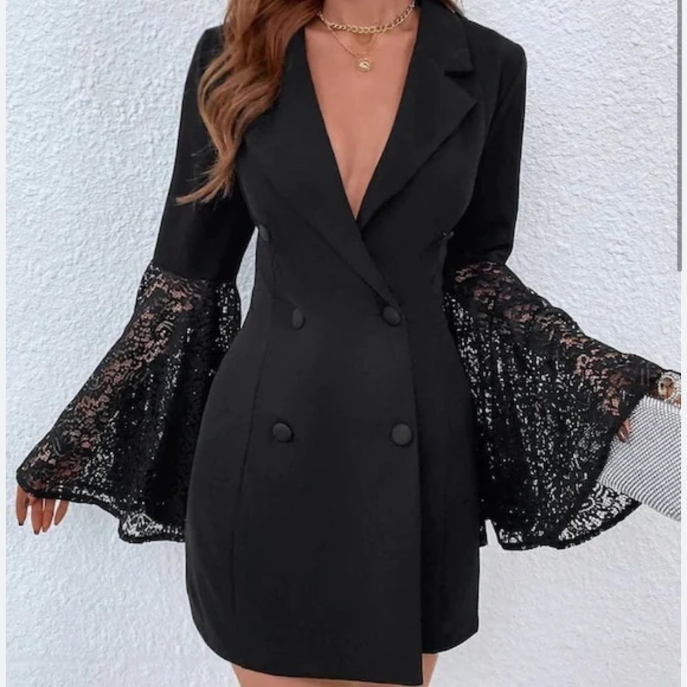 Revamped Lace Flare Sleeve Double Breasted Blazer Dress